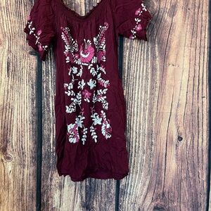 Embroidered Boho Burgundy Dress